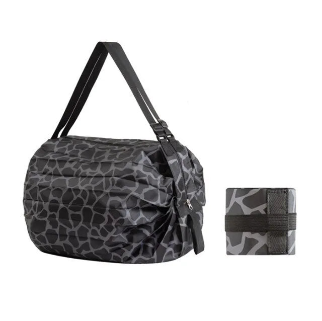 Large capacity foldable nylon shopping bag in beige yellow, open and full with groceries
