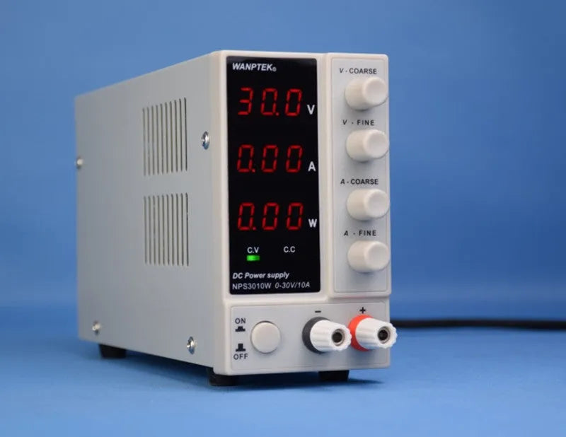White adjustable DC power supply showing 0-60V 0-5A output controls for mobile phone and notebook repair