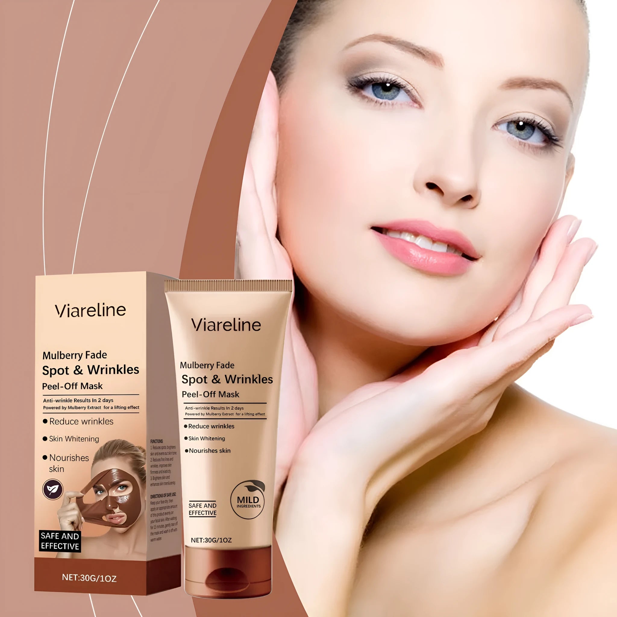 Single 30g sheet facial mask for wrinkle care containing hyaluronic acid and collagen.