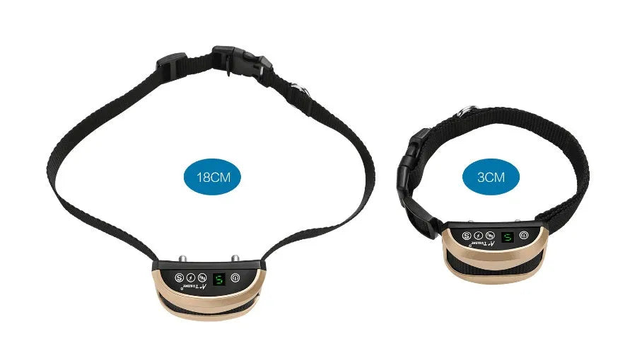 Black electronic dog bark collar with digital display and adjustable reflective strap.
