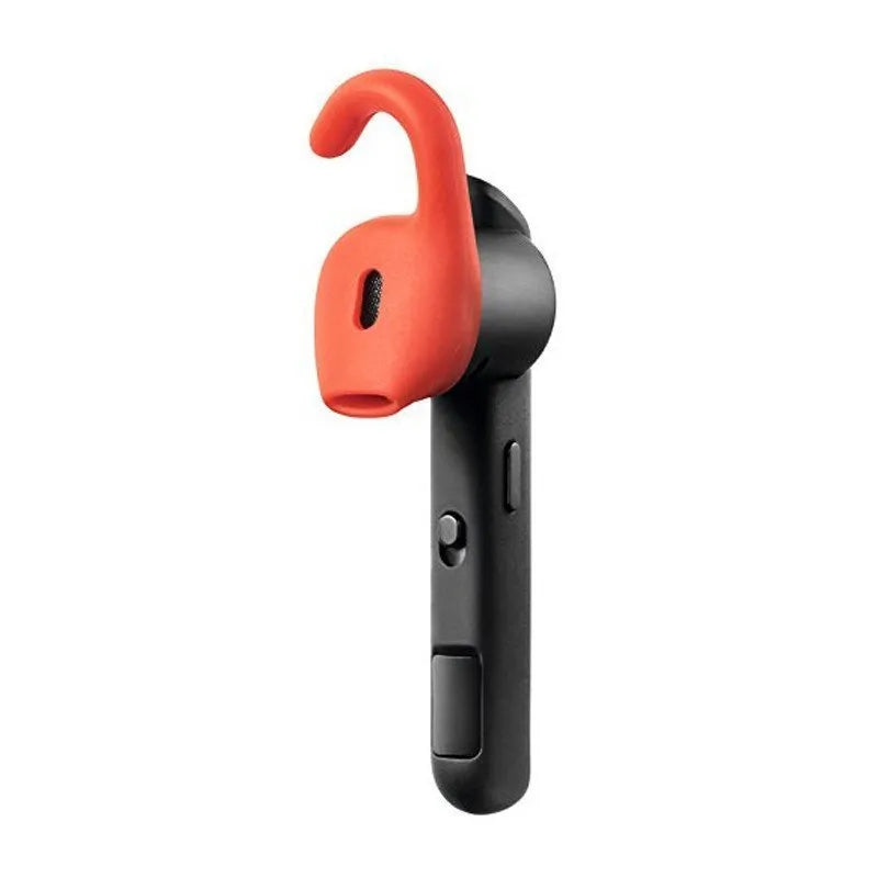 Black and silvery behind-the-ear Bluetooth earphones with dual phone connectivity