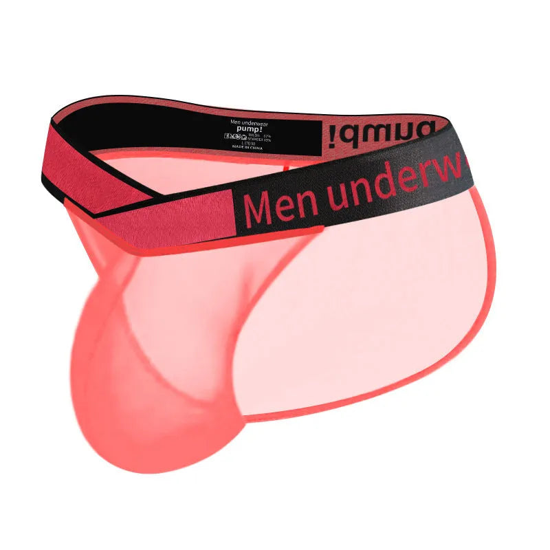 Men's transparent ice silk briefs with large V gradient high fork design in nylon fabric