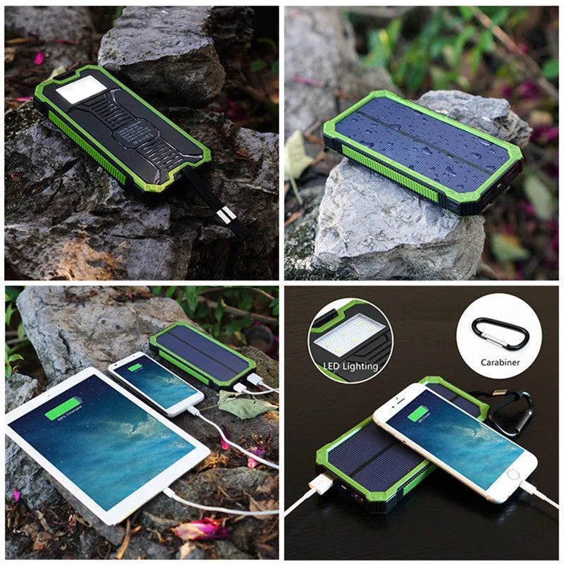 Solar power bank in orange plastic case with solar panel, showing USB ports and dimensions 161x79x17mm.