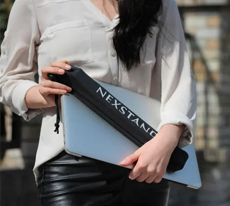 Black folding laptop stand with aluminium frame and reinforced nylon platform in extended position