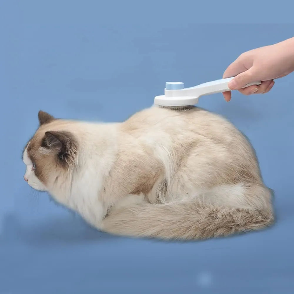 Self-cleaning pet brush with rubber handle and massage needles for cats and dogs
