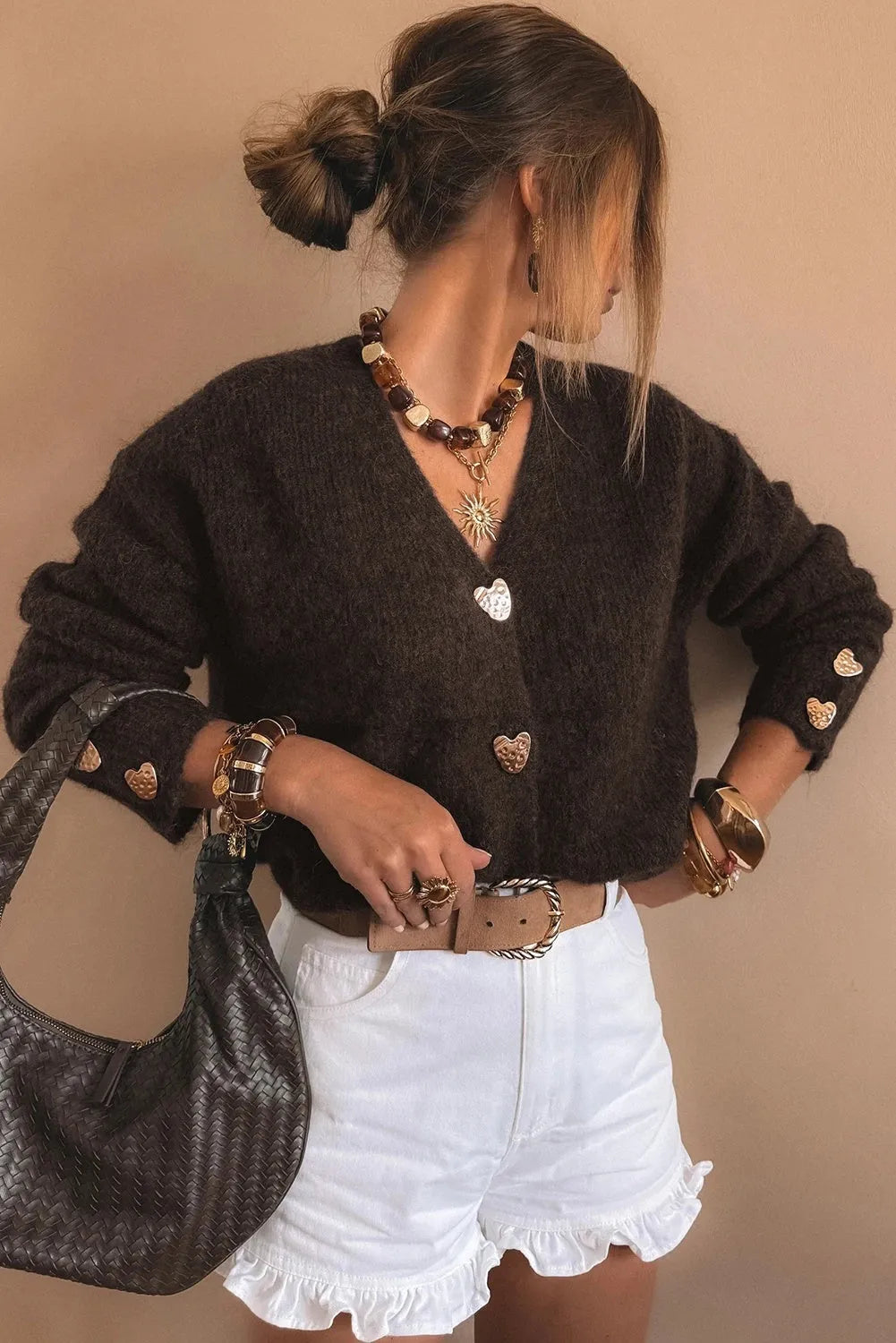 Women's loose cardigan coat with metal buckle in Coffee colour, long sleeves, solid knit fabric