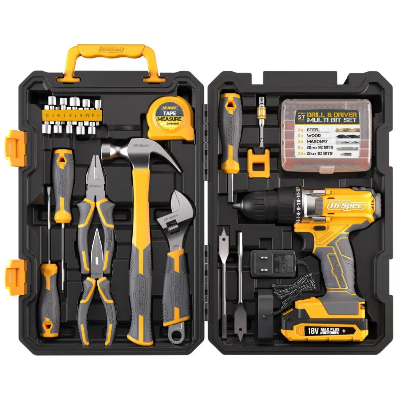 82-piece chrome-vanadium steel tool set in grey-yellow case for furniture installation