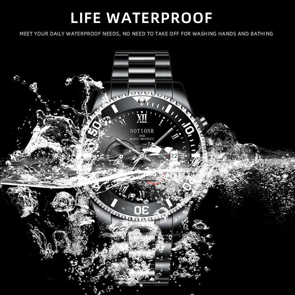 Men's waterproof luminous calendar quartz watch with steel case, black dial, and date window