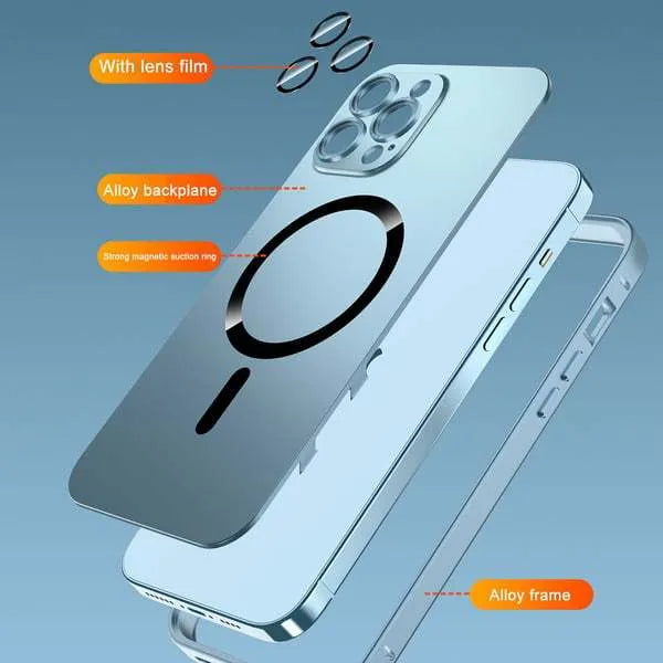 iPhone magnetic phone case with aluminium alloy frame showing lens protection and snap closure