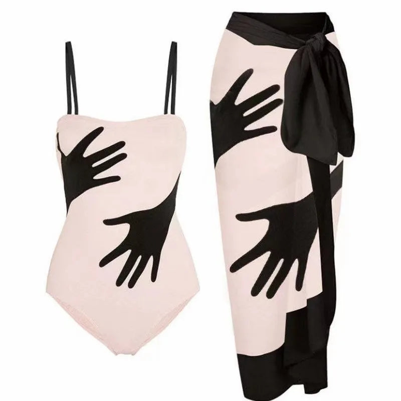 Women's one-piece bikini swimsuit with gauze skirt beach cover-up