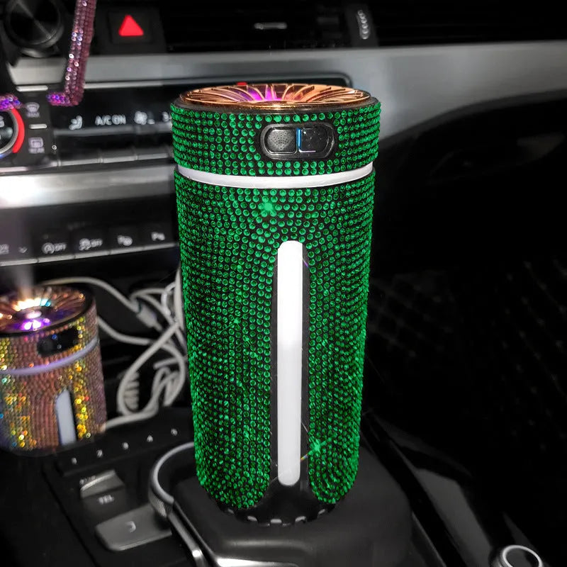 Rhinestone car humidifier with colourful LED lights, 15cm portable design for auto aromatherapy