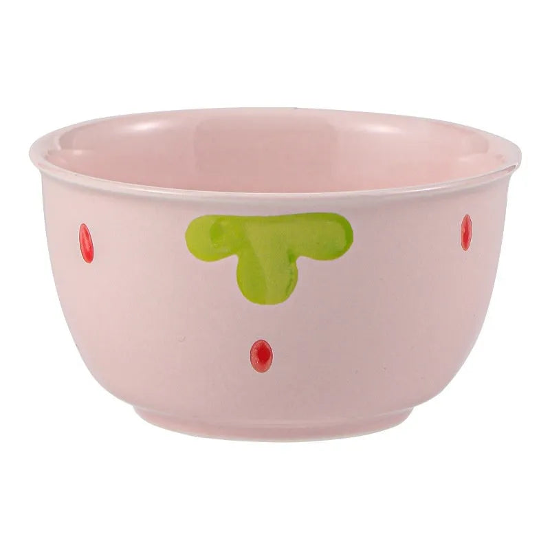 Strawberry design porcelain dinnerware set with plates, bowls, and twist spoon