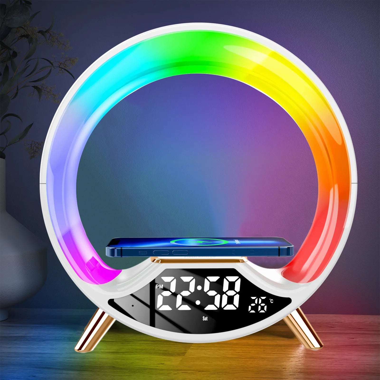 Multifunctional wireless charging bedside lamp with Bluetooth speaker, digital clock display and adjustable lighting