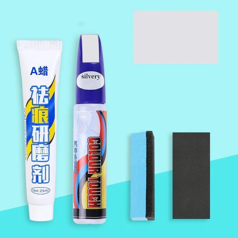 Automotive paint repair pen kit with scratch removal fluid and touch-up paint in universal colours