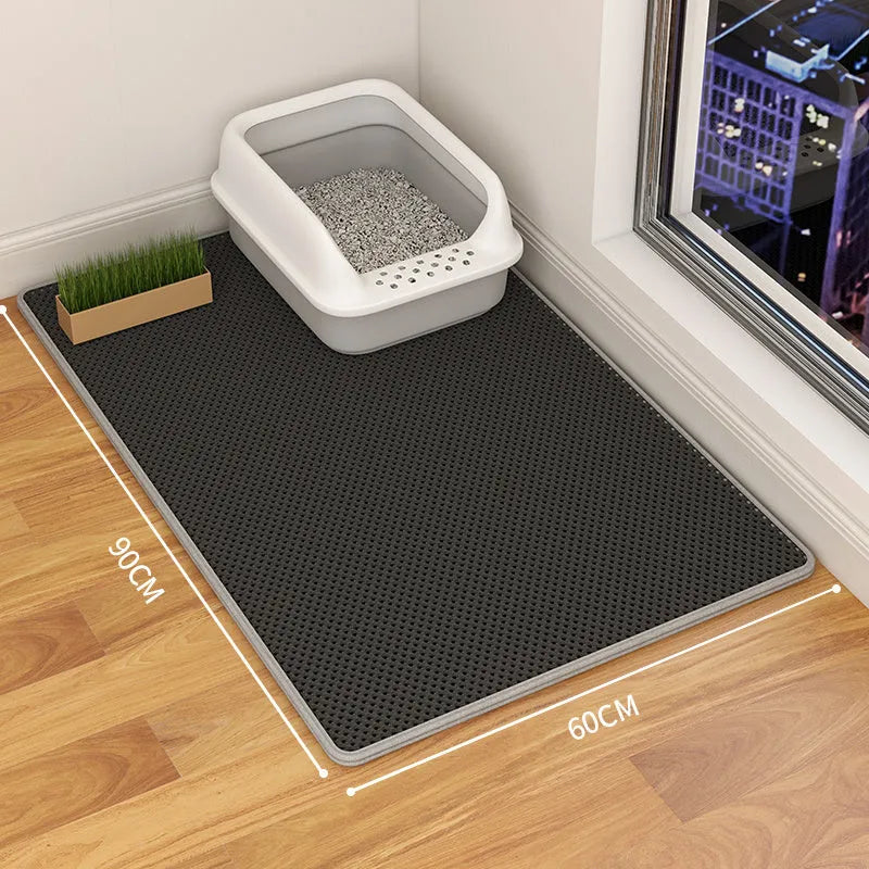Double layer waterproof cat litter mat in beige, showing textured top surface and separate base tray.