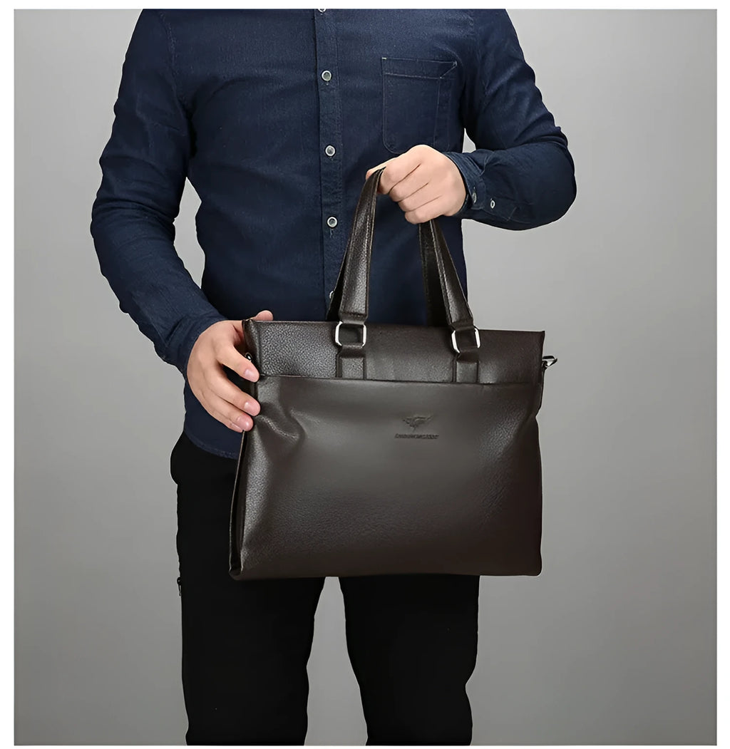 Men's business briefcase large horizontal square synthetic leather black zip closure 12-inch laptop bag