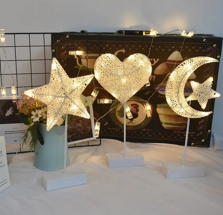 Rattan and copper wire LED star lamp, heart lamp, and moon lamp for bedroom decoration