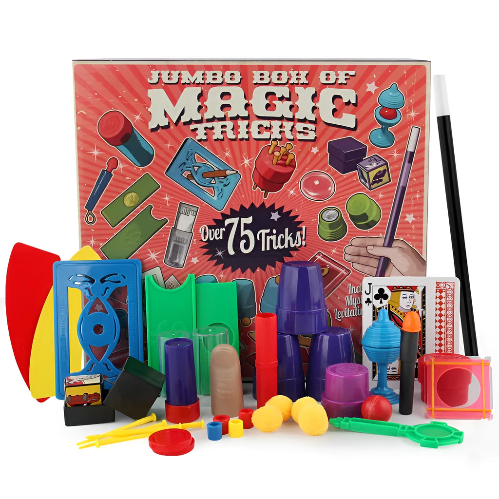 Purple and red plastic magic toy props for children aged 3-7 in a carton.