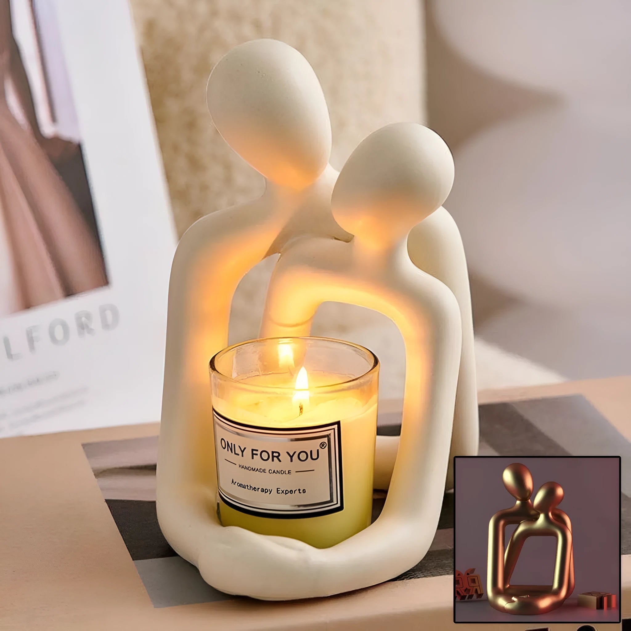 Modern minimalist style resin couple statue on a shelf, 20cm tall, in a milky white finish.