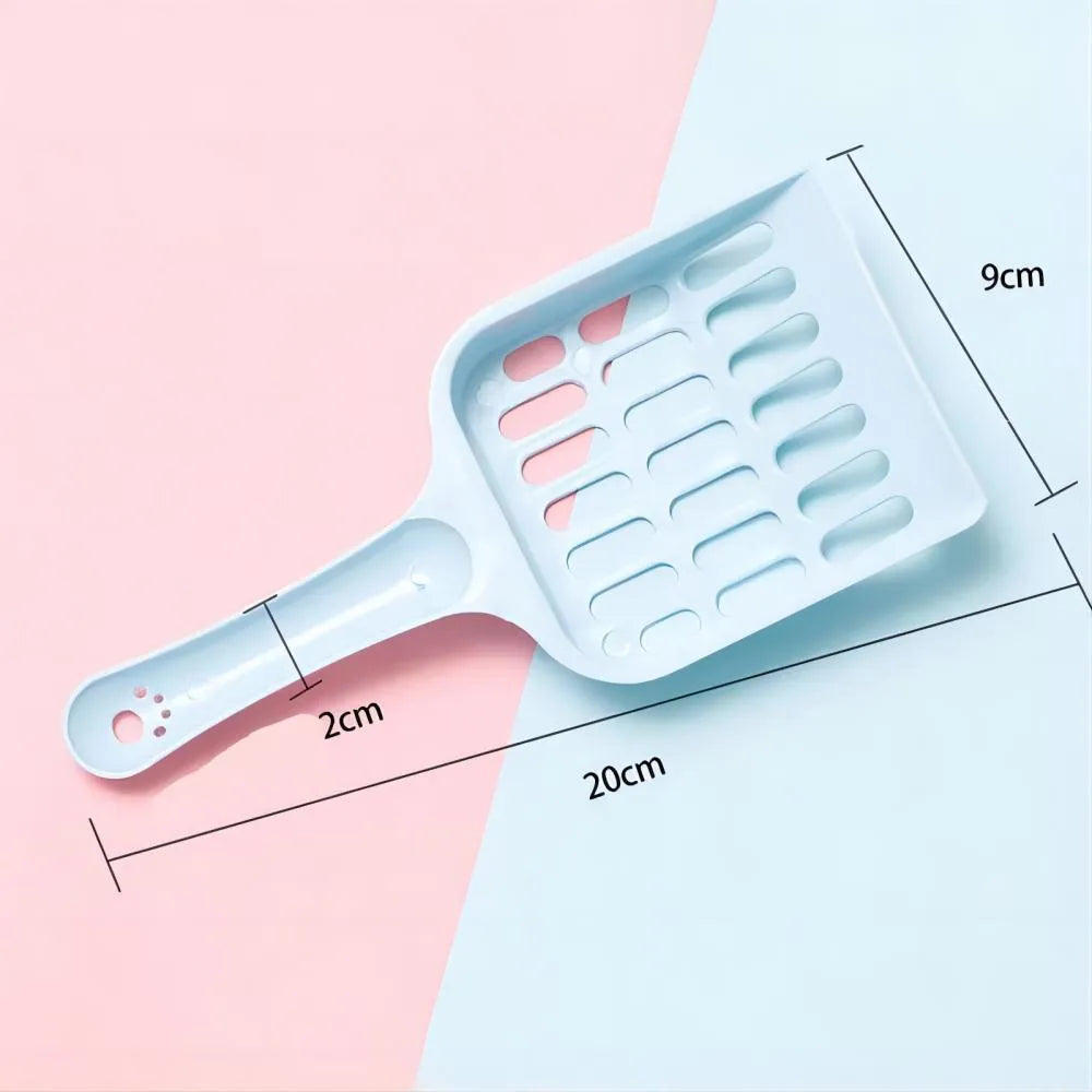 Blue plastic cat litter scoop for cleaning pet litter trays, shown with measurements.