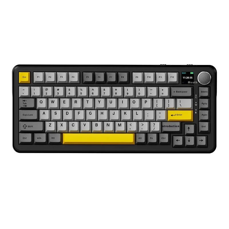 Three-mode mechanical keyboard with black, grey, and yellow colour options and included accessories