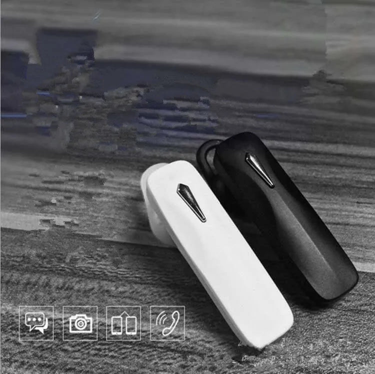 M163 black and white Bluetooth car headset for hands-free calls and music control.