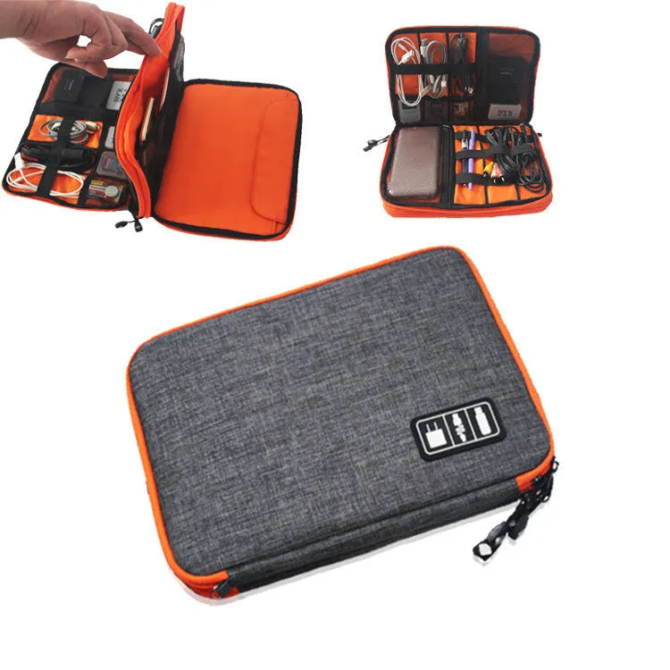 Data cable storage bag in black nylon with double zipper, small size 24x17x3cm