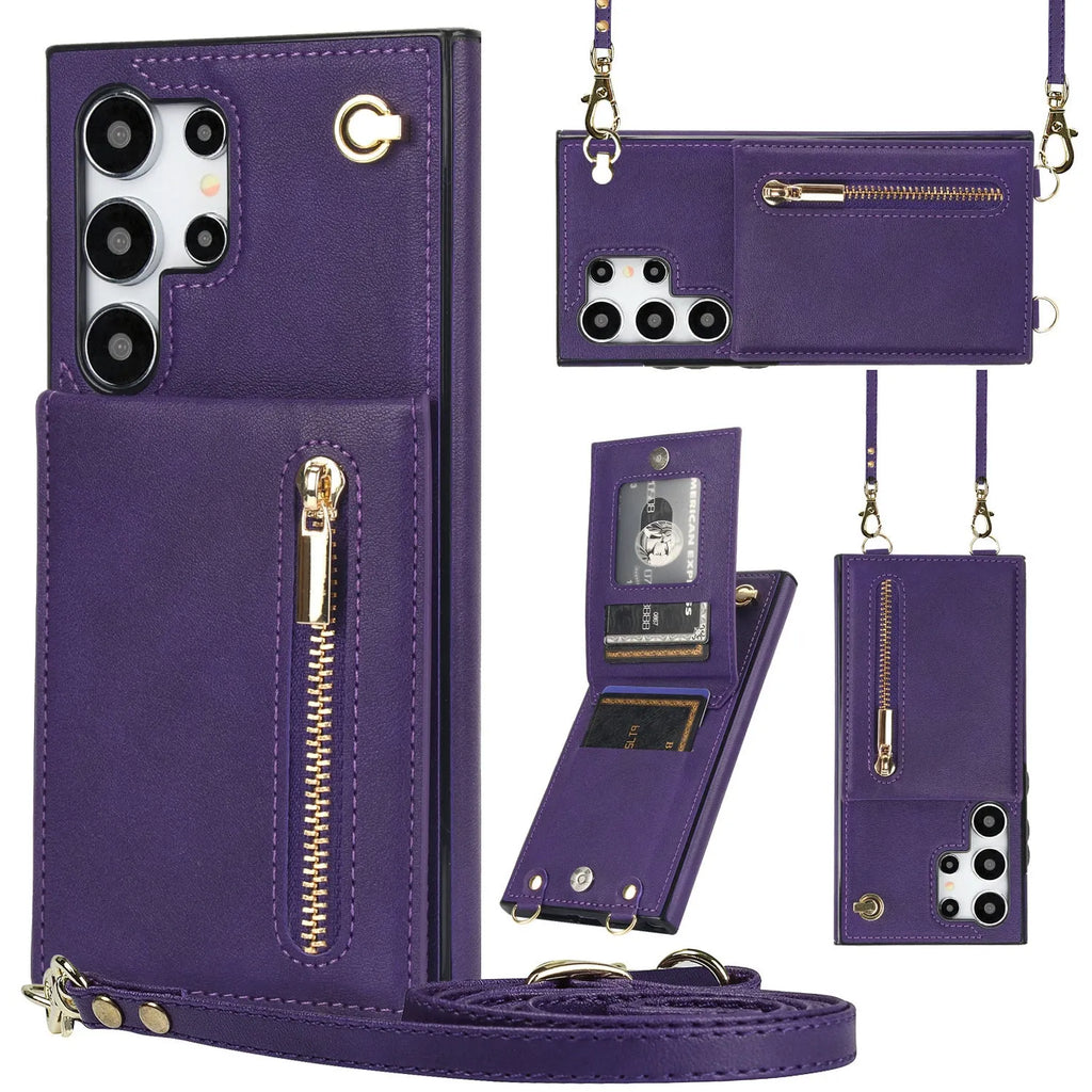 Leather Samsung phone case with crossbody strap and zippered card slot in various colours.