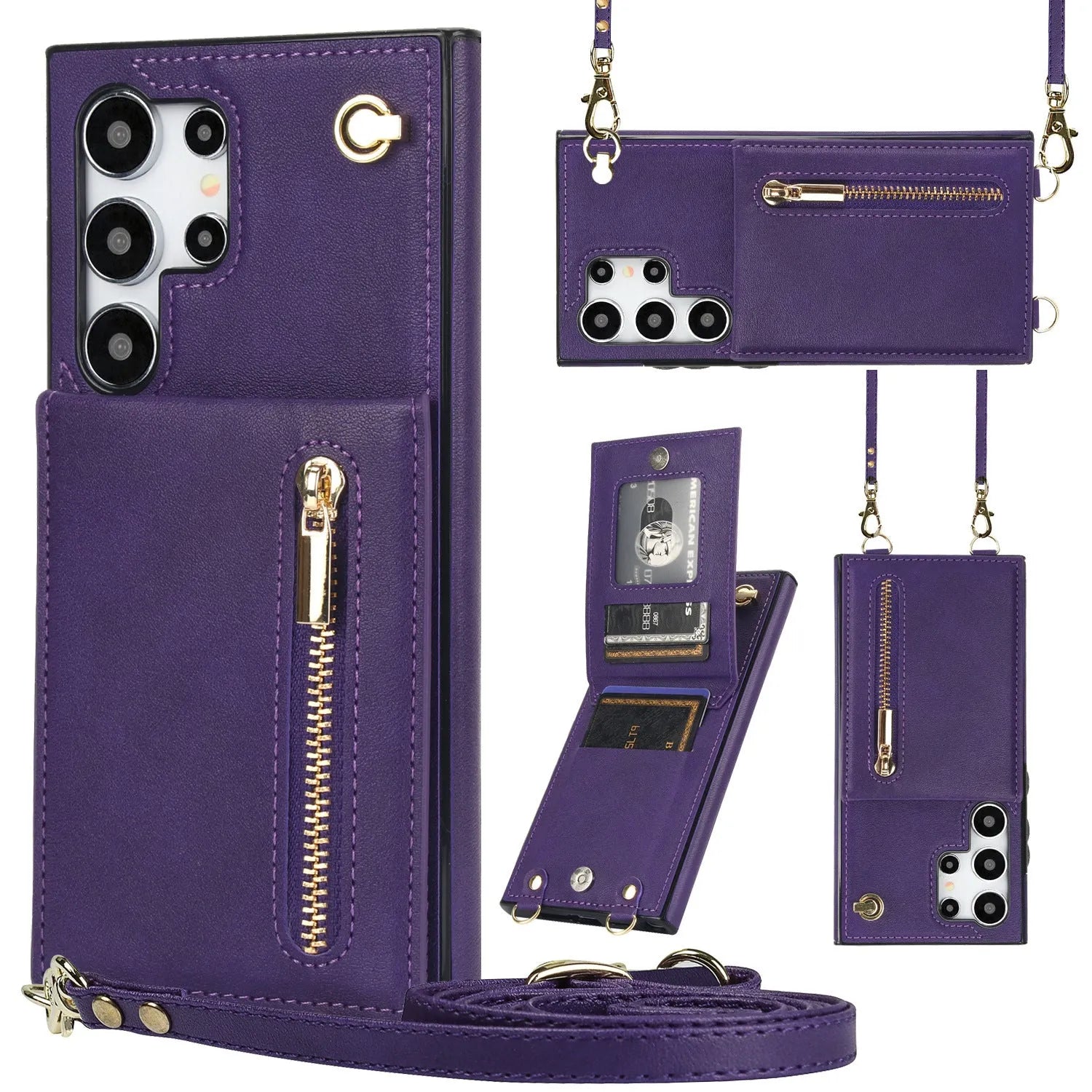 Leather Samsung phone case with crossbody strap and zippered card slot in various colours.