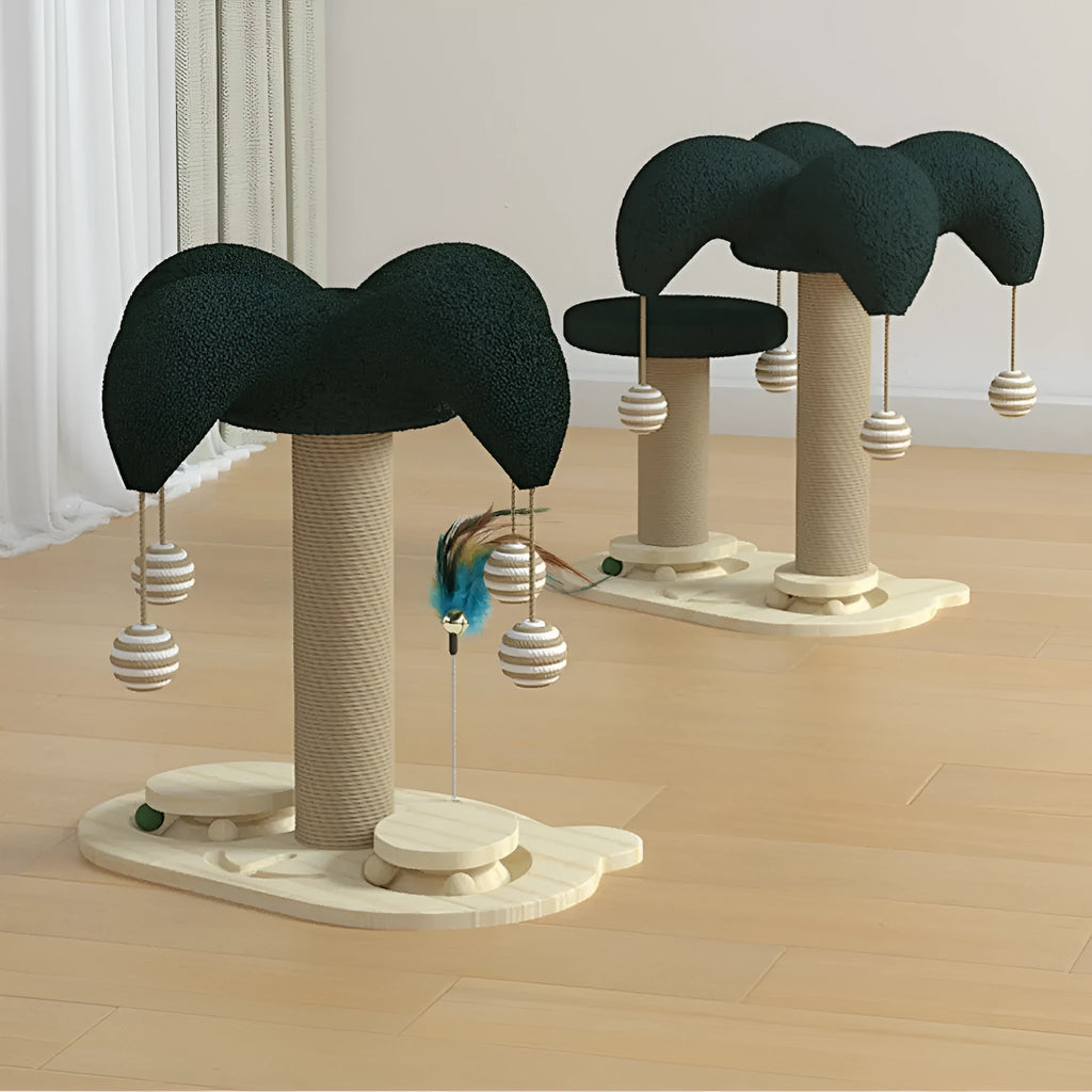 Solid wood cat climbing frame with sisal rope scratching surfaces and turntable teaser in clown hat design