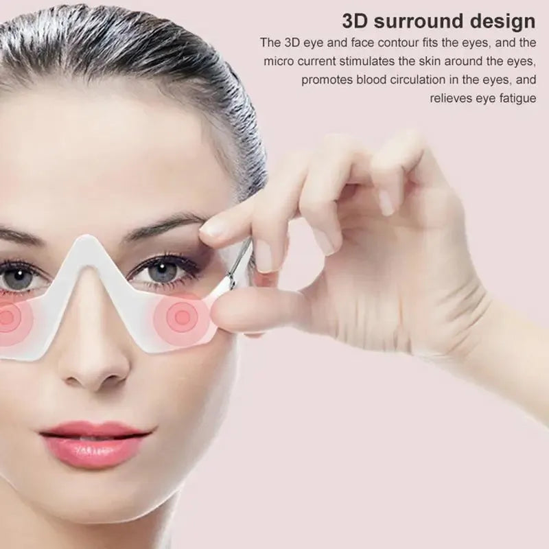 3D micro-current eye massager with glasses-like design showing pink and white colour options