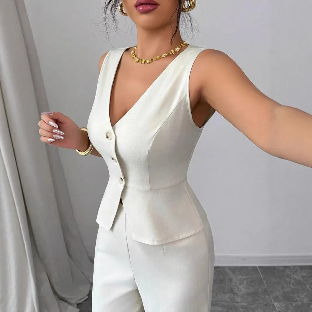 Women's black sleeveless vest and high-waist trousers two-piece casual set.