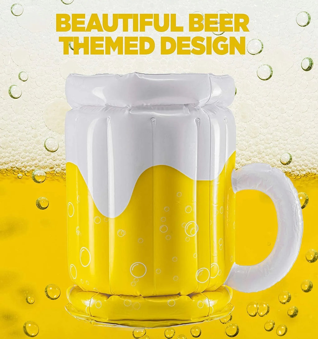 Large yellow inflatable beer mug cooler pool float with 44cm height and 32cm diameter dimensions
