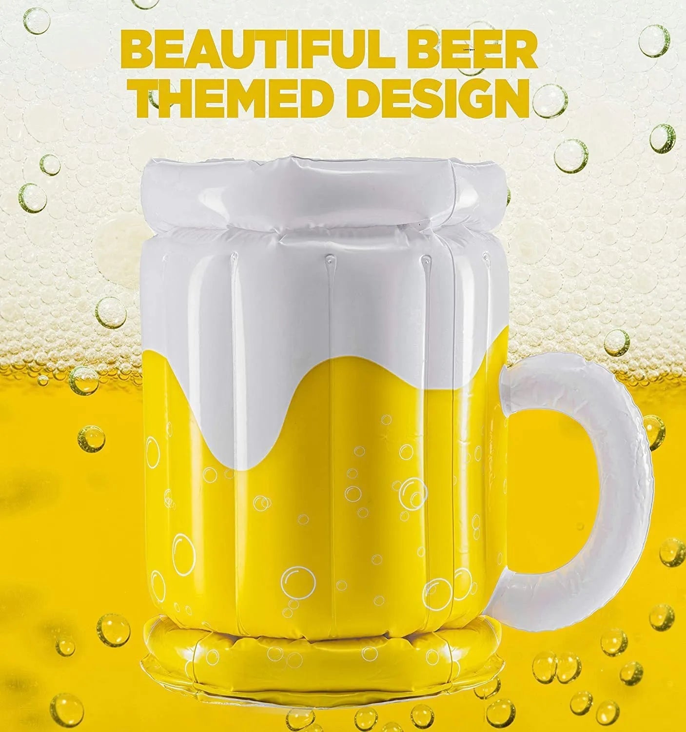 Large yellow inflatable beer mug cooler pool float with 44cm height and 32cm diameter dimensions