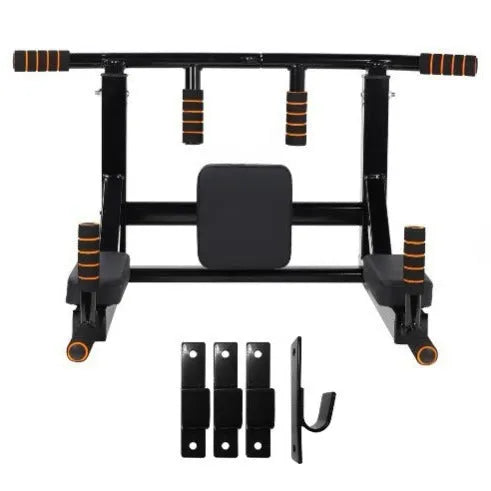 Black wall-mounted fitness rack with parallel bars and sandbag mounting points