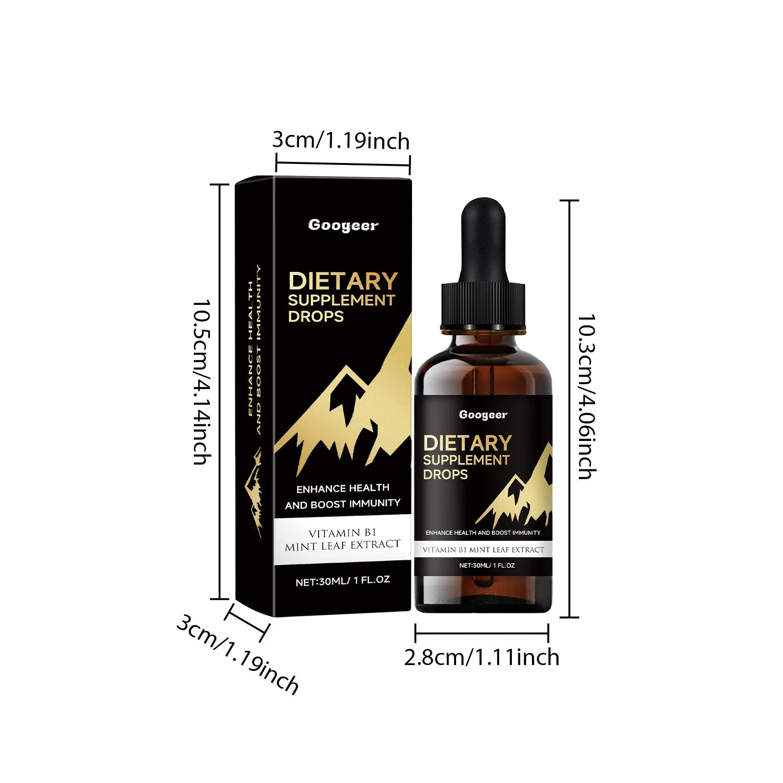 30 ml glass bottle of vitamin C and E dietary supplement drops with a dropper top.