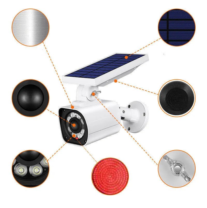 White solar garden light with simulation camera, 18 LEDs, IP67, 5W, ABS and aluminium alloy construction