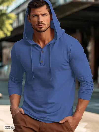 Men's casual cotton sports hoodie in dark blue colour, showing pullover style and long sleeves.