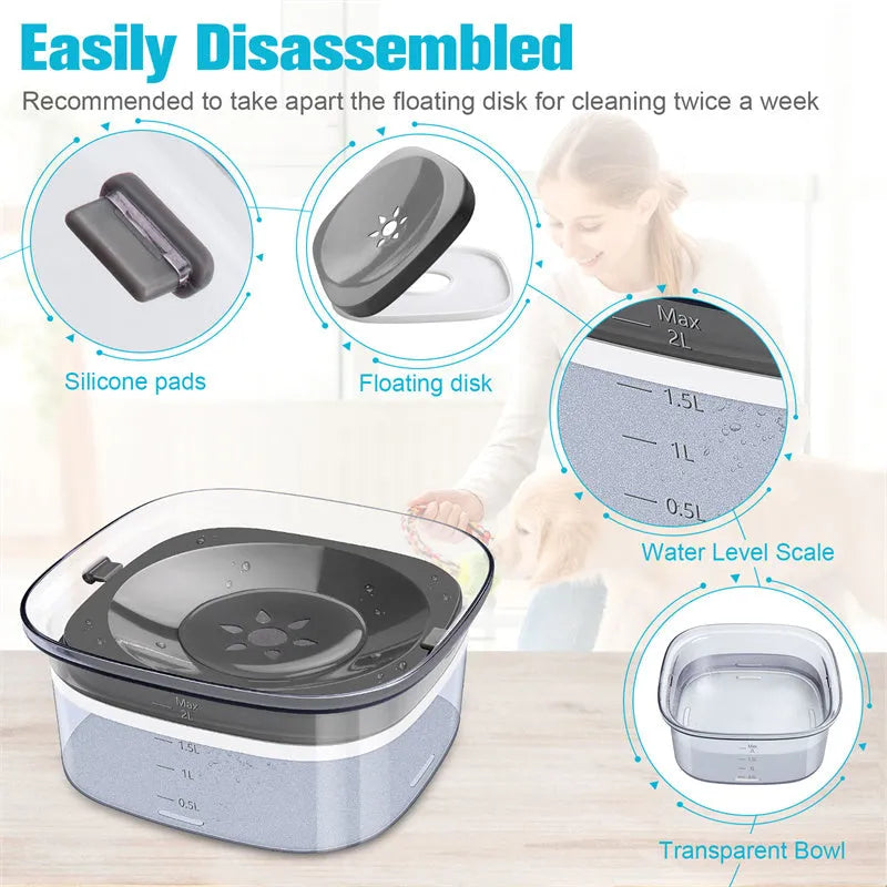 Transparent large capacity dog water bowl with floating disk and anti-spill design