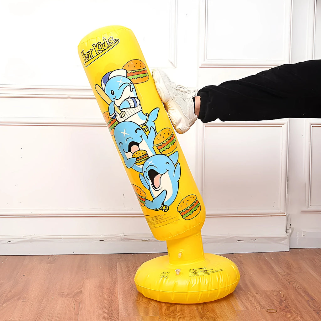 Yellow Hamburger patterned inflatable boxing column sandbag standing upright at 120cm tall.