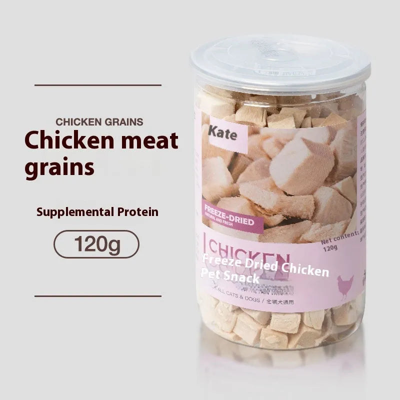 500g bag or barrel of chicken freeze-dried cat snacks showing high grade nuggets without shreds