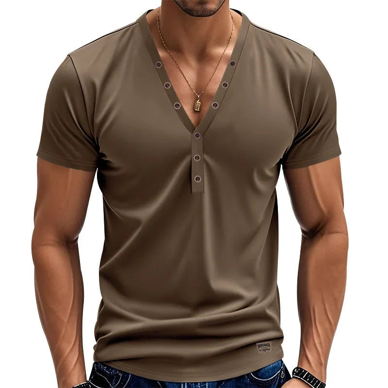Men's loose fit V-neck pullover top with button details in polyester blend fabric for sports wear