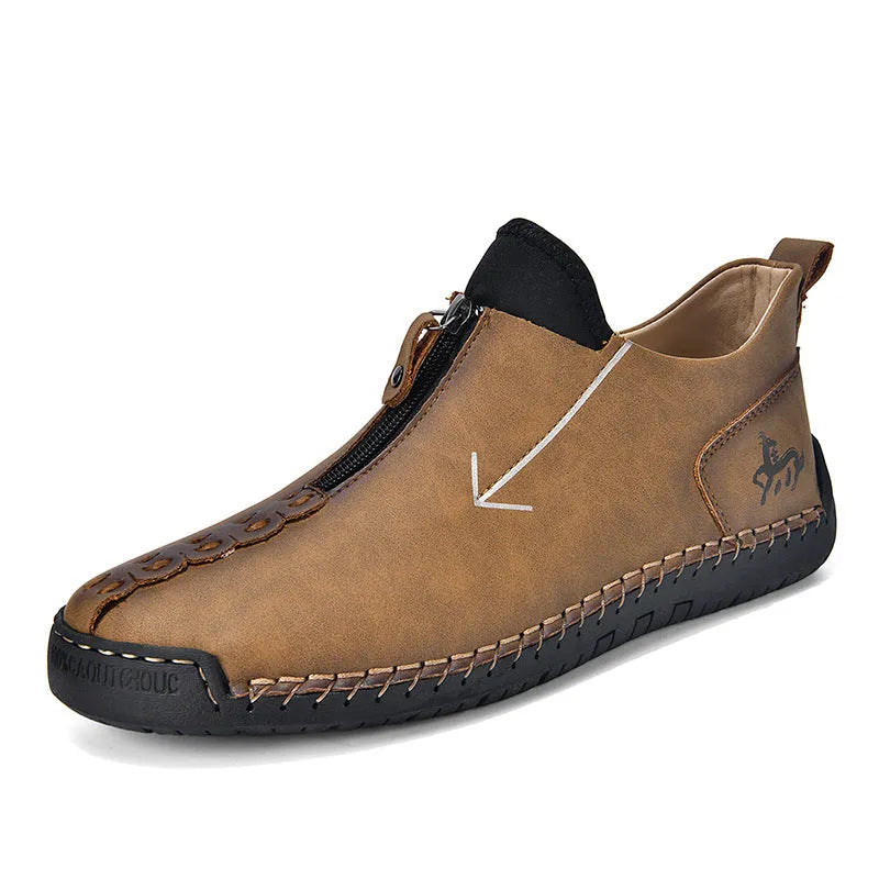 Men's black zip-up casual Martin boots with round toe and hand-stitched rubber sole