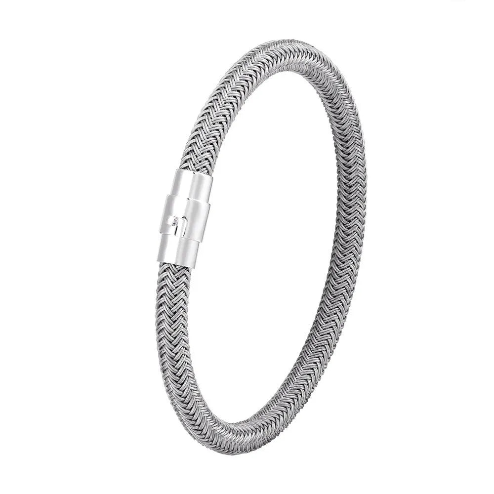 Geometric titanium steel wire bracelet with a magnetic clasp, shown in a silver colour.