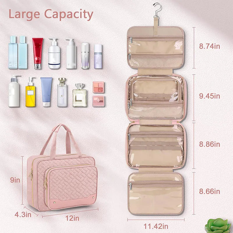 Black or pink waterproof hanging cosmetic bag with dimensions 30.5cm wide by 11cm deep by 22.9cm tall