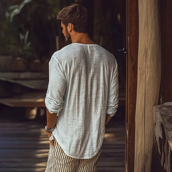 Beige slim fit V-neck long-sleeved pullover T-shirt made from hemp blend fabric