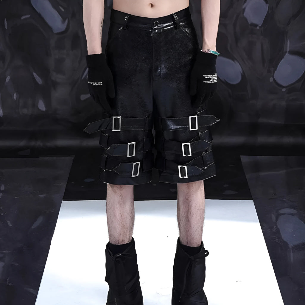 Black men's PU leather cropped pants on hanger showing low waist and flexible spandex material.
