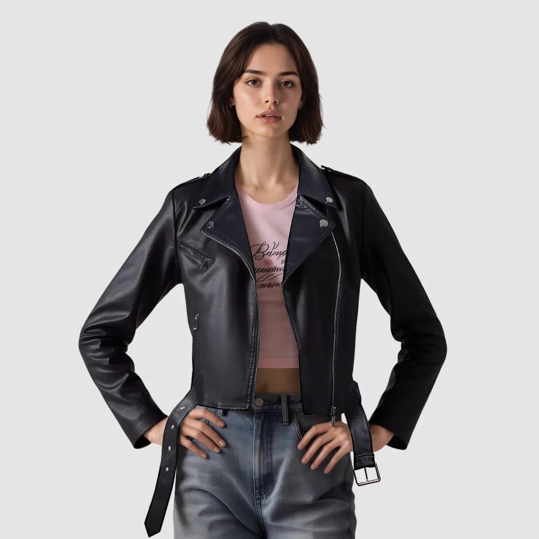 Women's black PU leather motorcycle-style jacket with a lapel collar and waist belt.