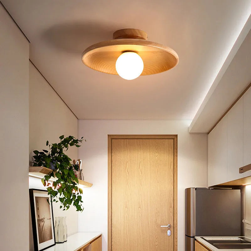 Solid wood and glass ceiling lamp in modern minimalist design with LED bulb