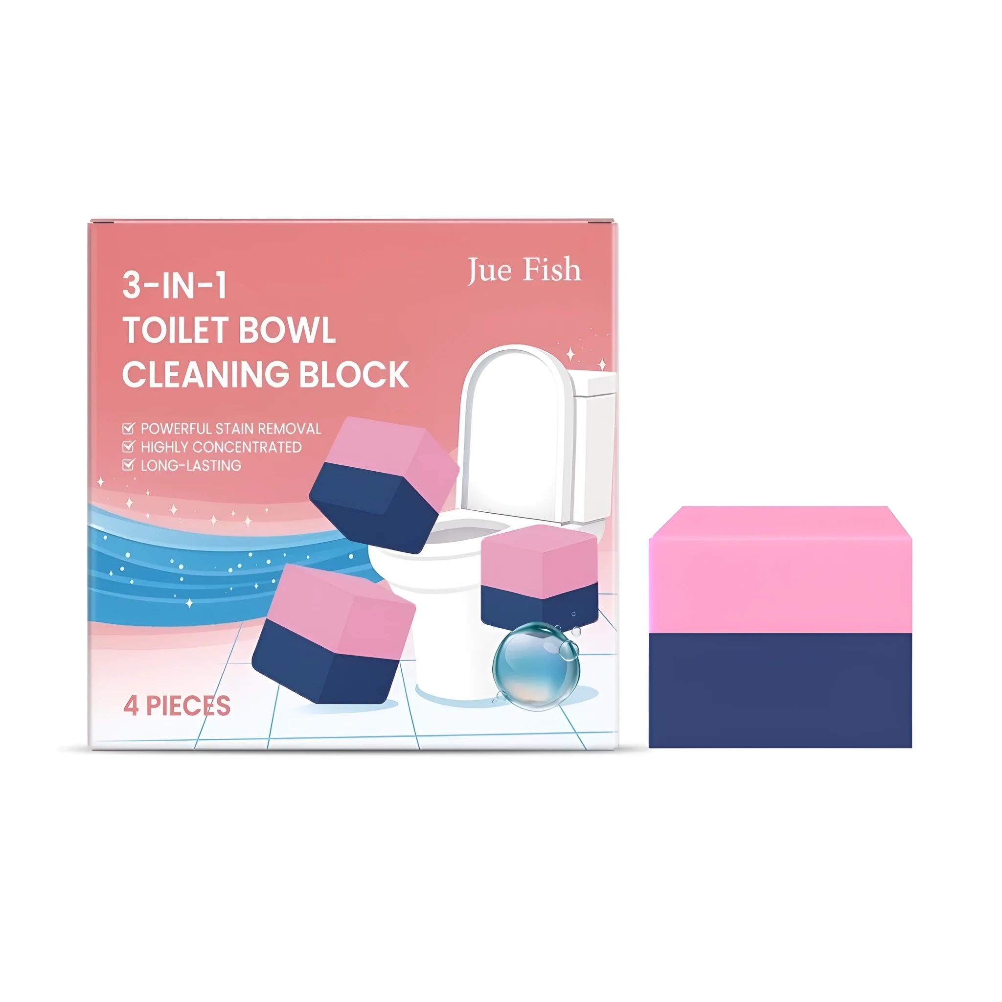 Four three-in-one toilet cleaning blocks with descaling ingredients in packaging